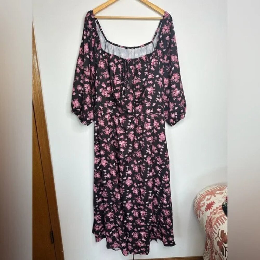 NEW Bloomchic Black & Pink Floral Midi Dress with Puff Sleeve | 28 - Picture 2 of 5